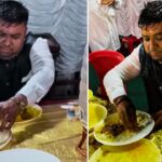 Viral Video: झमाझम बारिश भी नहीं तोड़ पाई हौसला, मजे से शादी की दावत उड़ाते दिखा बंदा